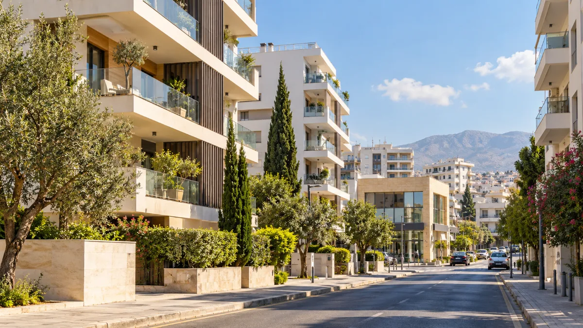 Generated editorial image of a residential street and apartment buildings in Cyprus.