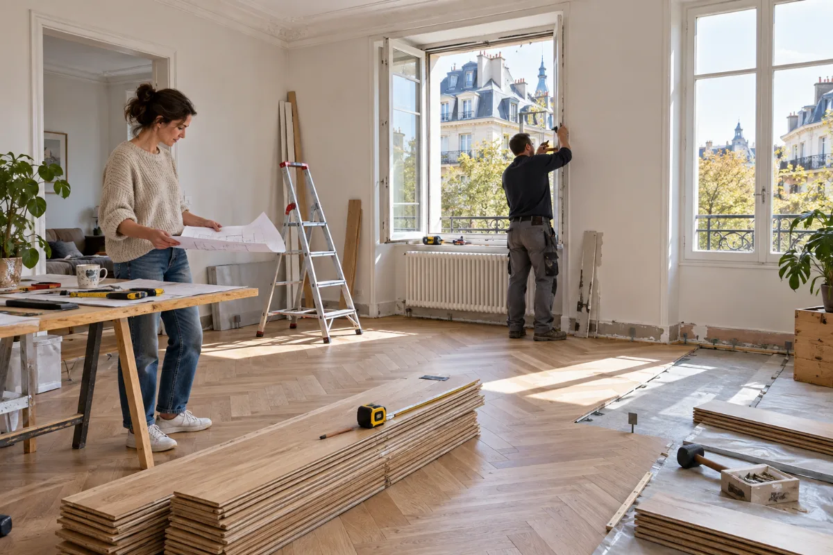 Illustrative scene of an apartment renovation in progress in a bright European home